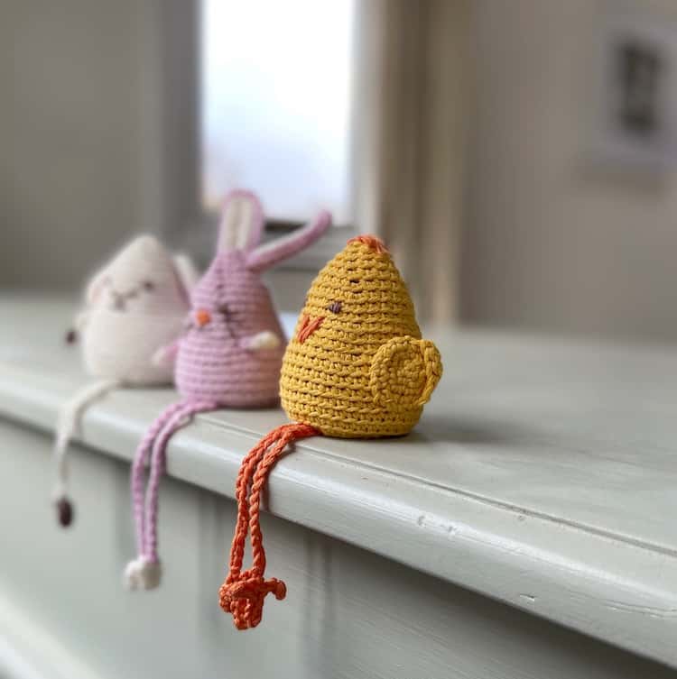 amigurumi crochet bunny, chick and lamb toys with dangly legs 