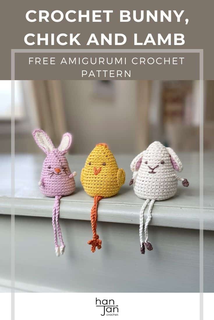 amigurumi crochet bunny, chick and lamb sitting on edge of shelf 