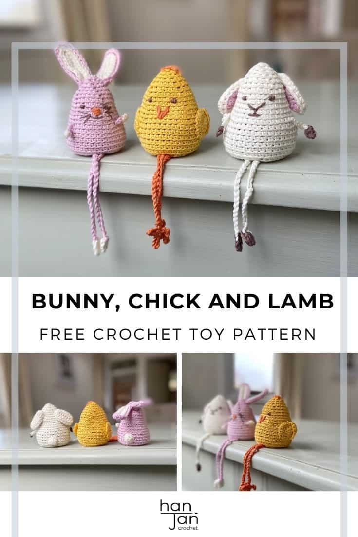 cute crochet toys, bunny, chick and lamb using amigurumi method