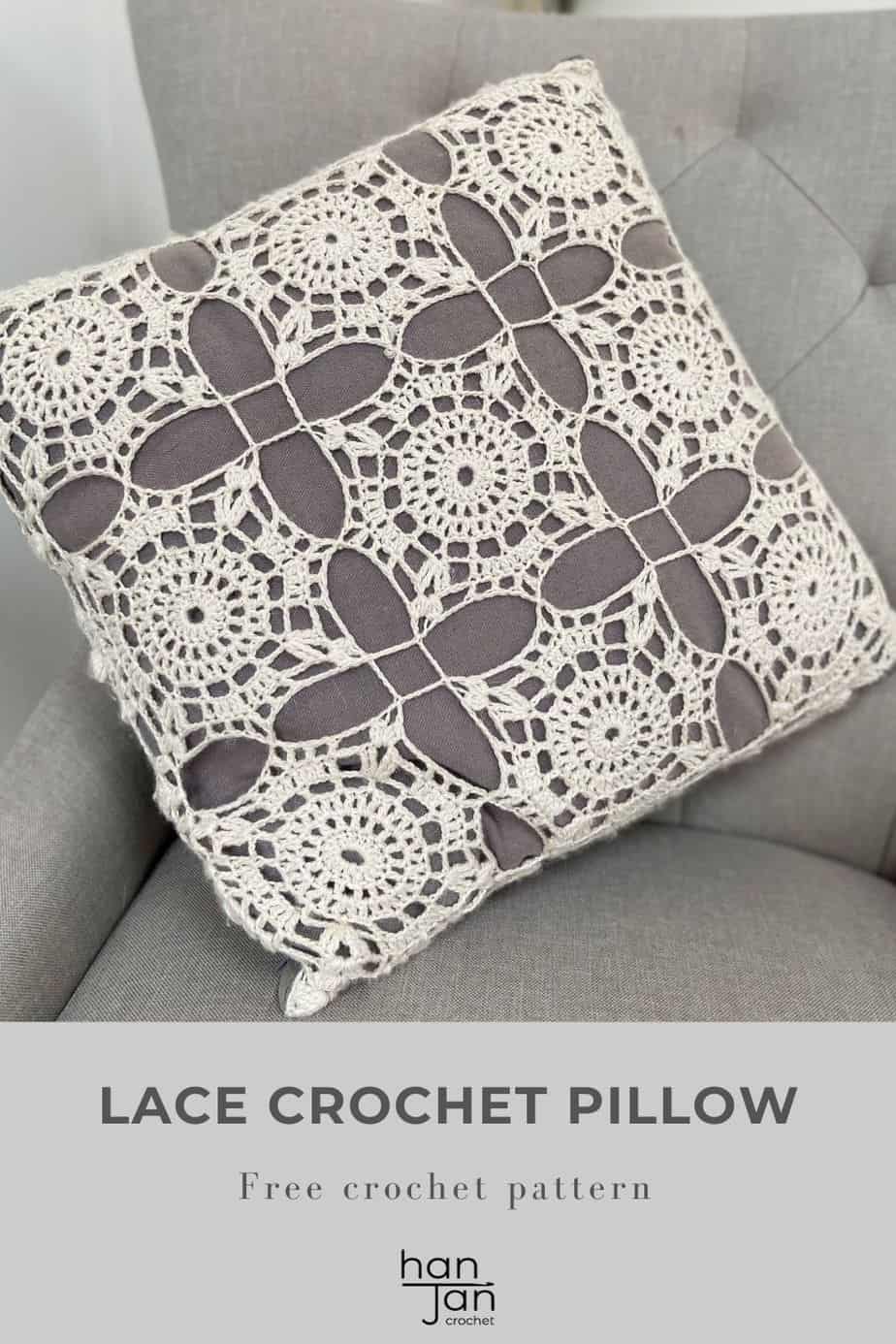 image of white lace crochet cushion on grey chair 