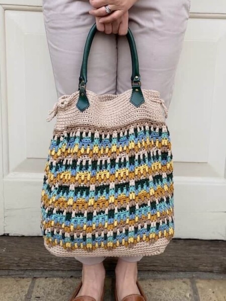 overlay mosaic crochet tote bag for summer with green handles