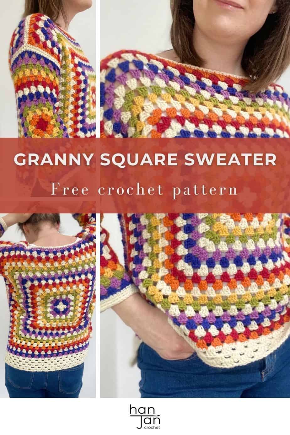 Collage of images showing rainbow granny square crochet sweater.