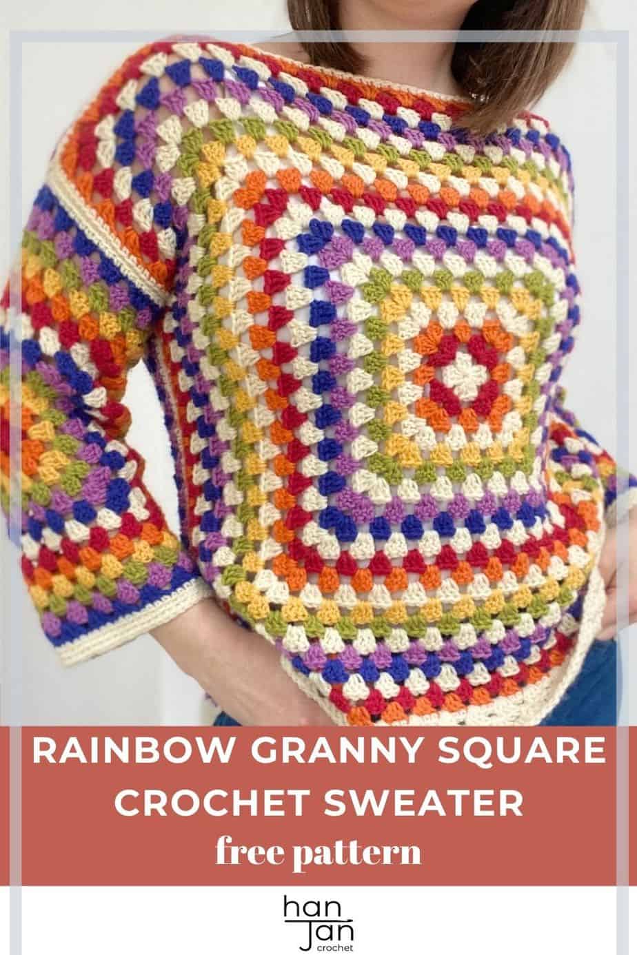 Close up of person wearing rainbow granny sweater.