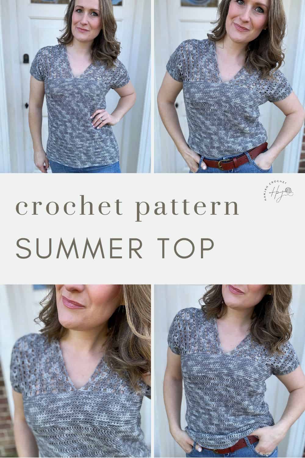 A woman models a grey and white v-neck crochet summer top in various poses. The text "crochet pattern SUMMER TOP" is displayed in the center.