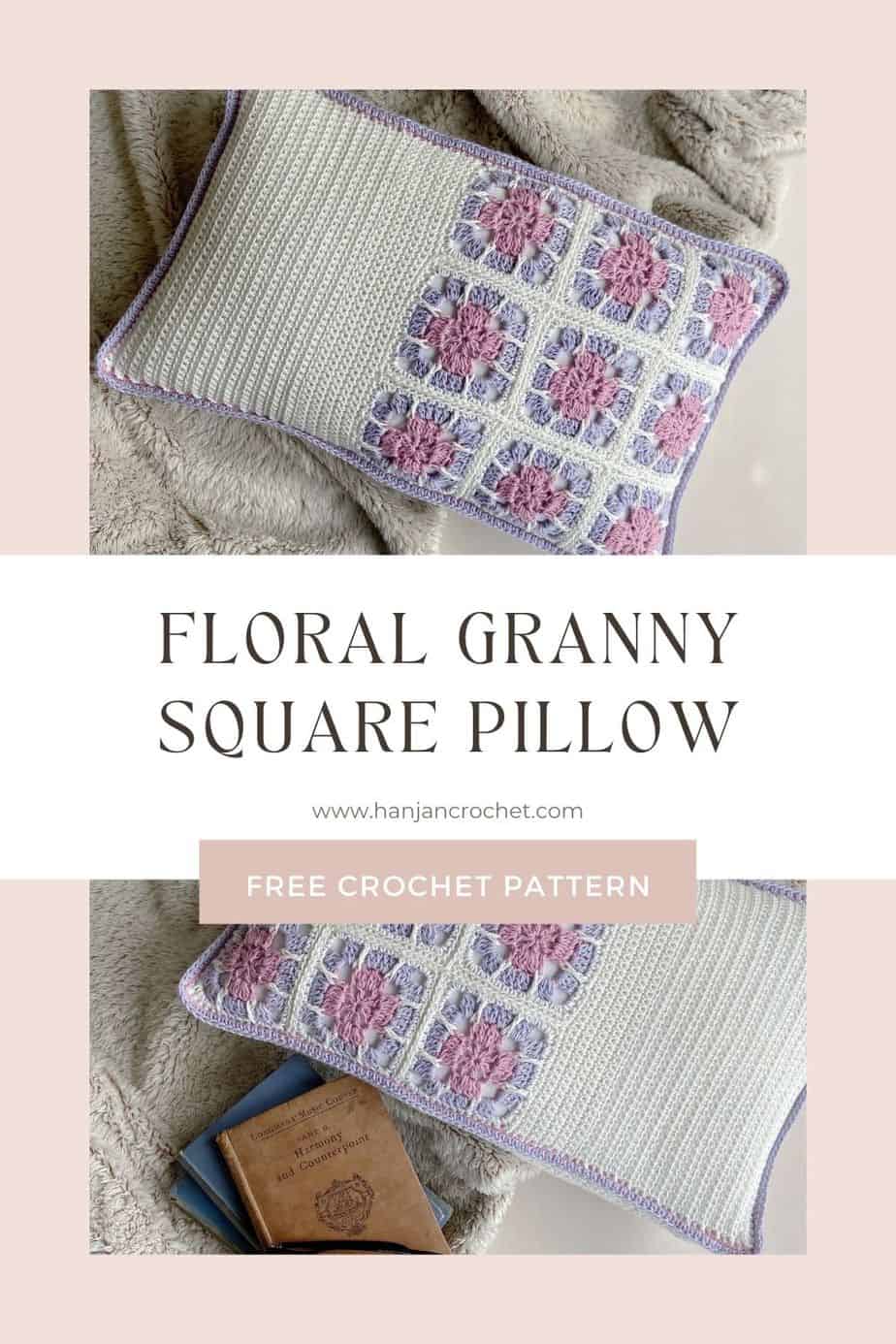 images of floral crochet granny square cushion on fluffy blanket