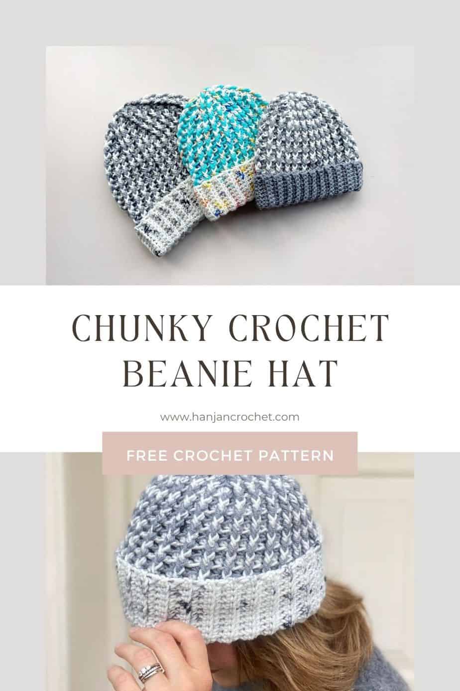 chunky crochet hat patterns sitting together with close up detail of rib stitch
