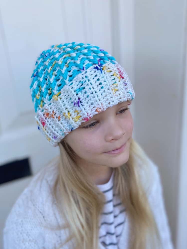 child size chunky crochet hat in bright colours 