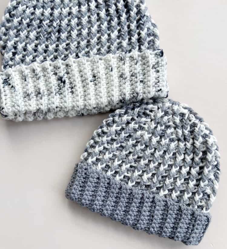 2 grey and white chunky crochet hat pattern samples