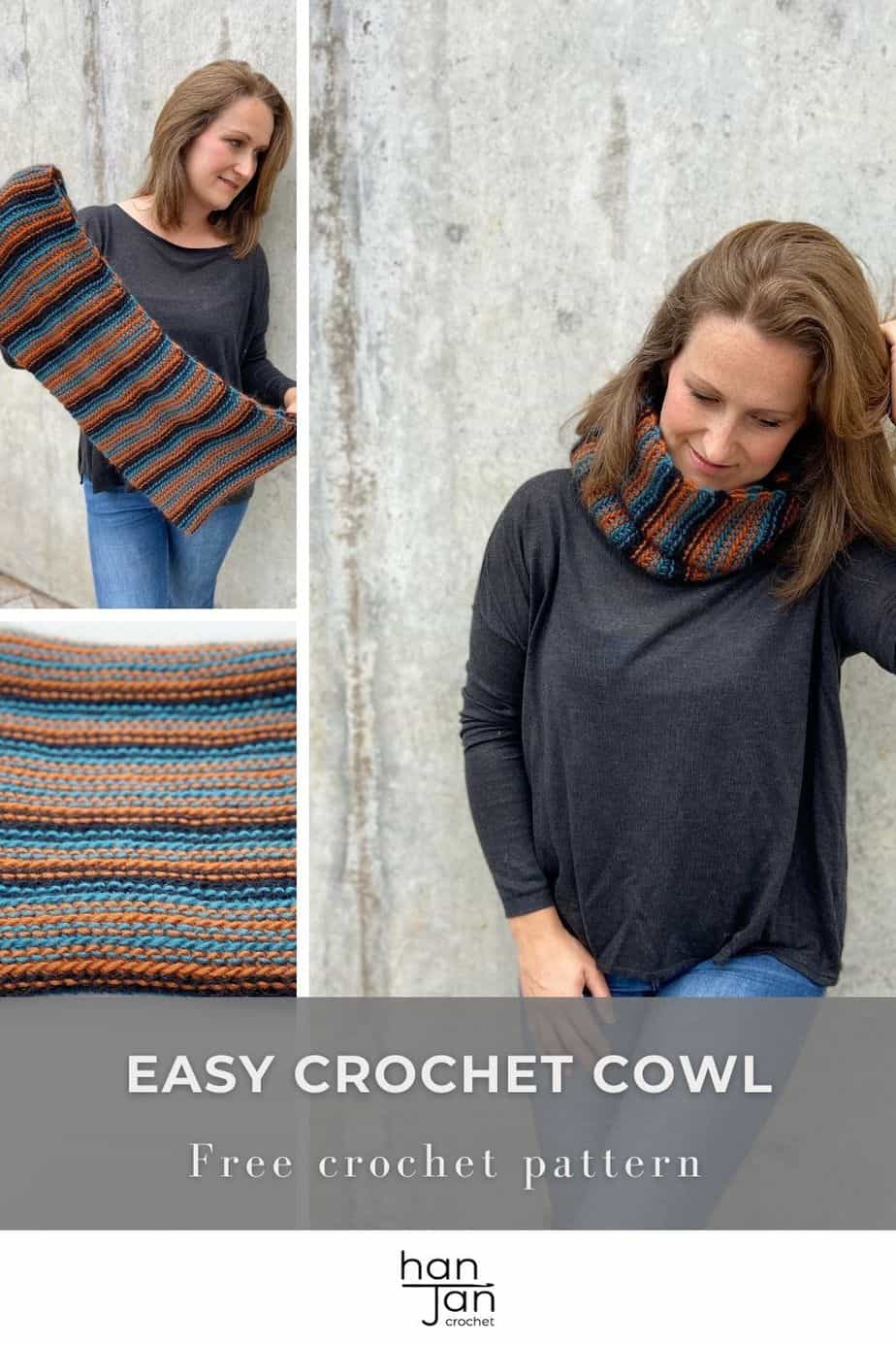 images showing striped chunky crochet cowl pattern in gender neutral colours