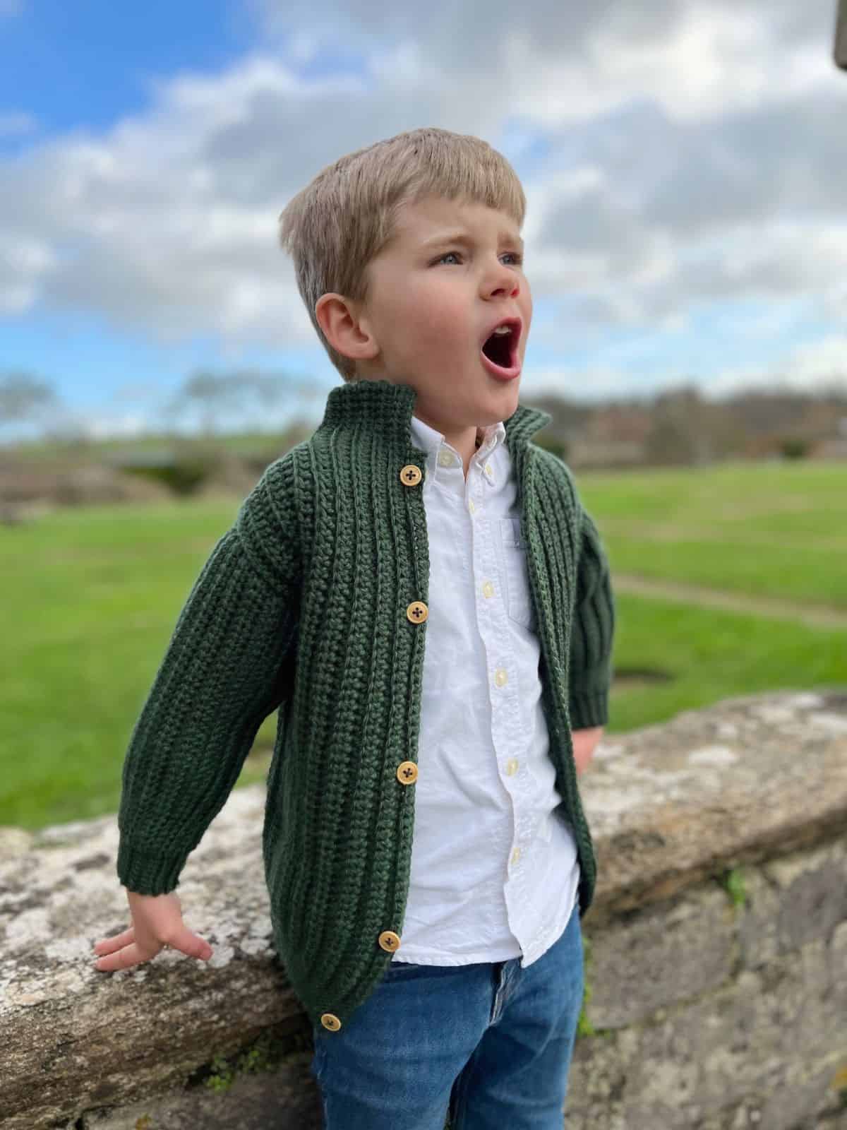 A young boy in a green knitted sweater and jeans stands outdoors on a stone ledge, gazing up with his mouth open, against a backdrop of lush grass and cloudy sky. Inspired by easy crochet sweater patterns for beginners, his outfit exudes a charming simplicity.