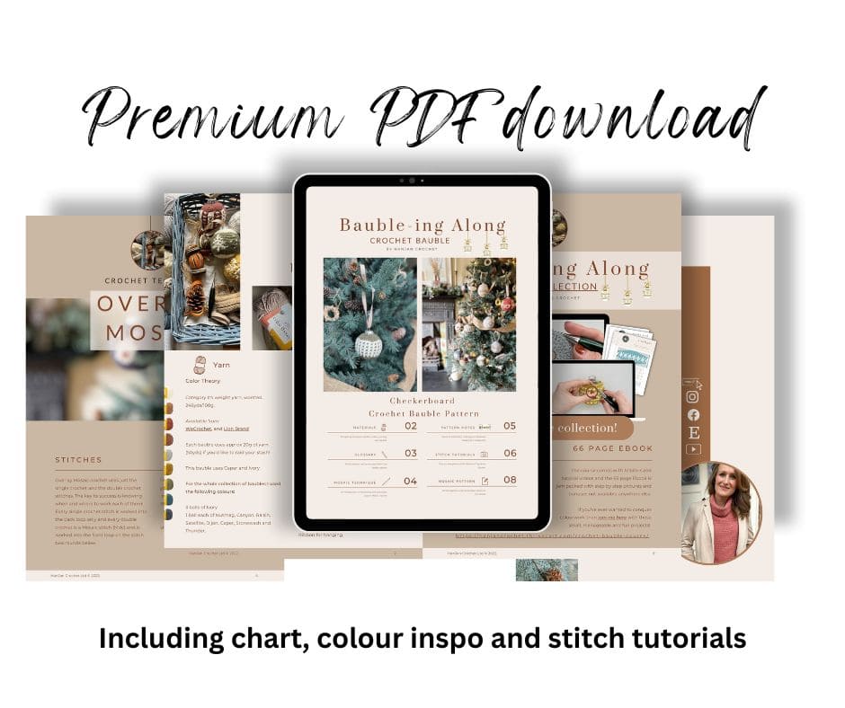 Image of a Premium PDF download for crochet enthusiasts. It features pages with charts, color inspiration, and stitch tutorials, centered around an easy "Bauble-ing Along" mosaic crochet pattern collection.