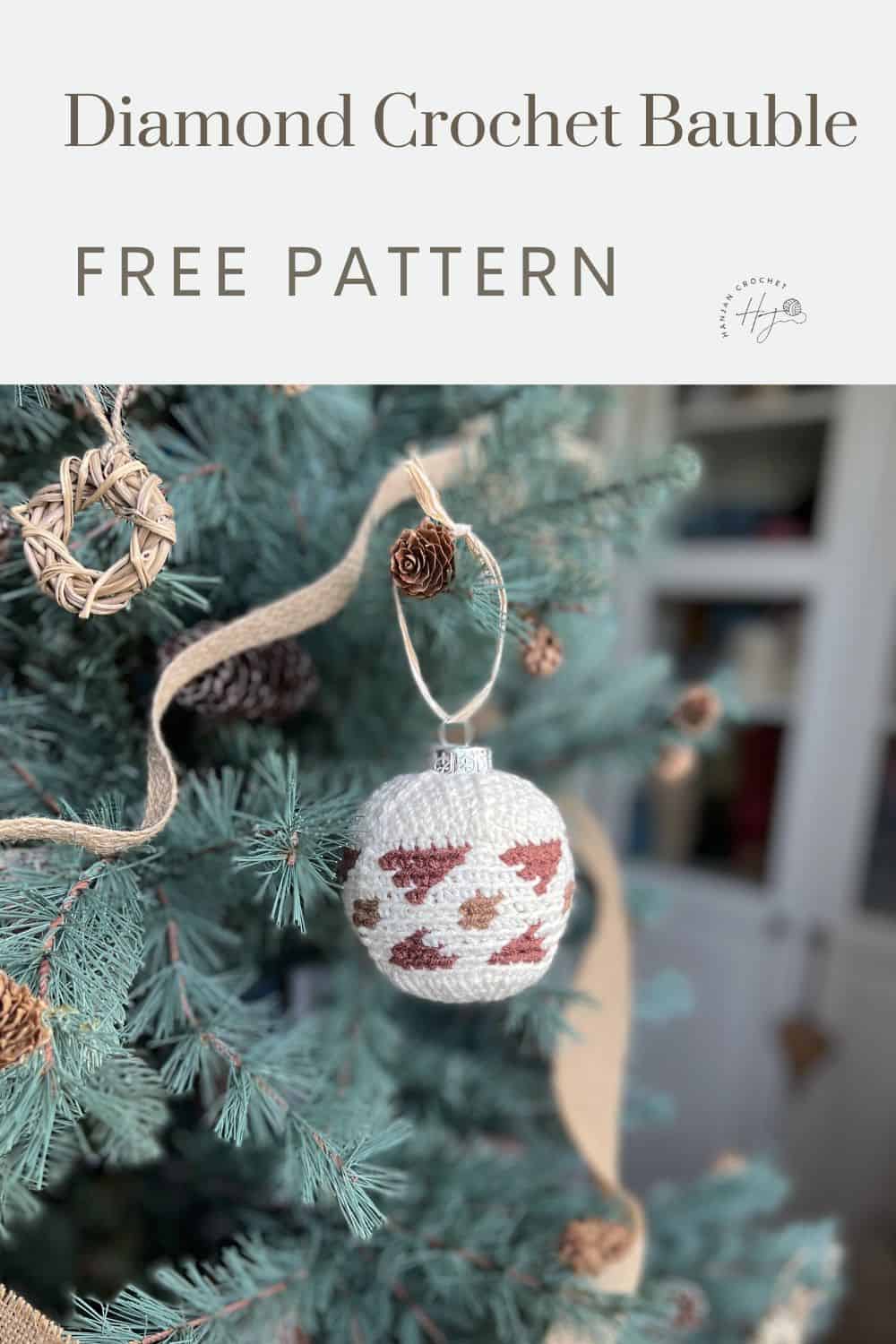 A Christmas tree decorated with a diamond-patterned crochet bauble. The text above reads "Diamond Crochet Bauble Free Pattern.