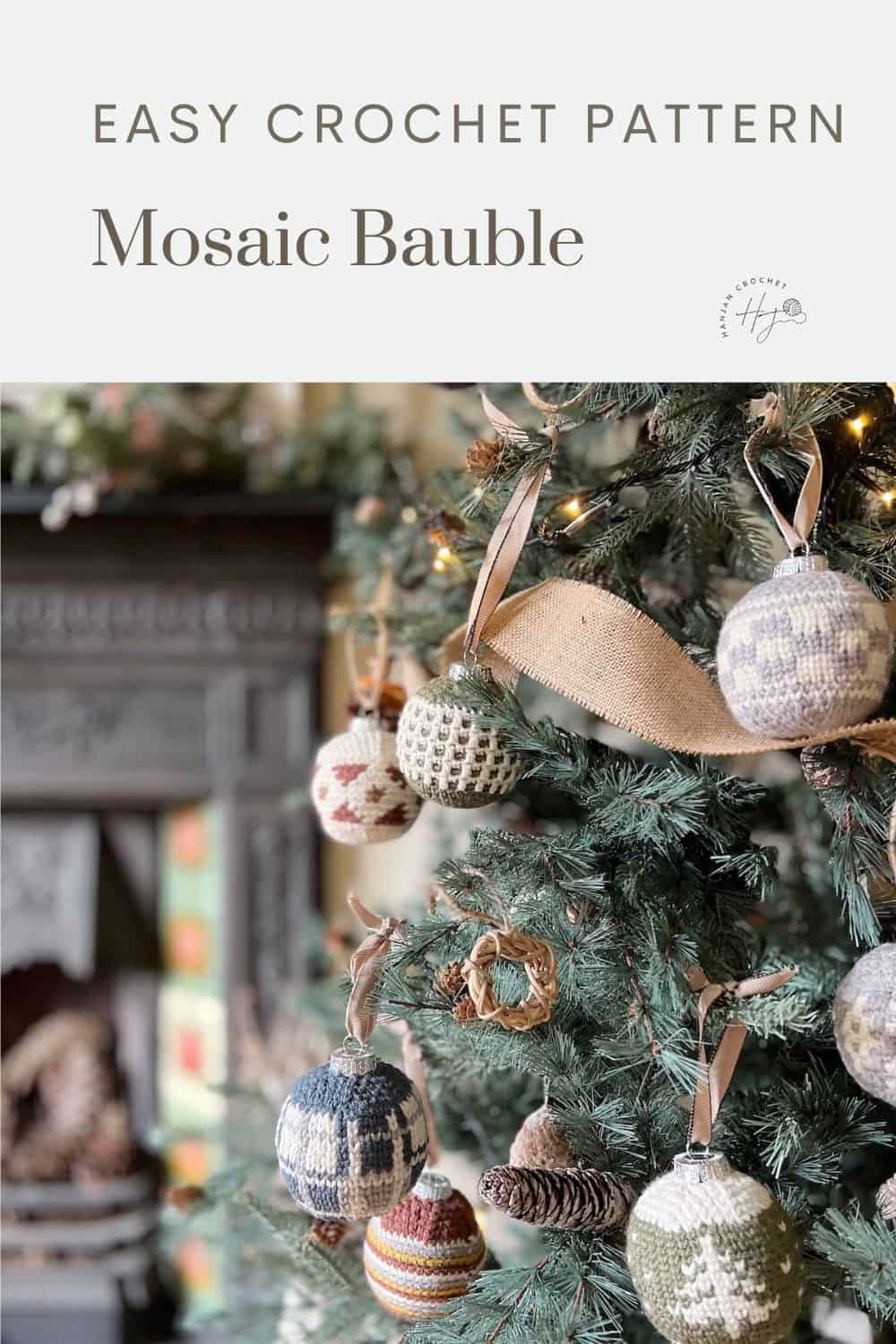 A Christmas tree decorated with handmade crochet baubles in various patterns and colors, accompanied by text reading "Easy Mosaic Crochet Bauble Pattern.