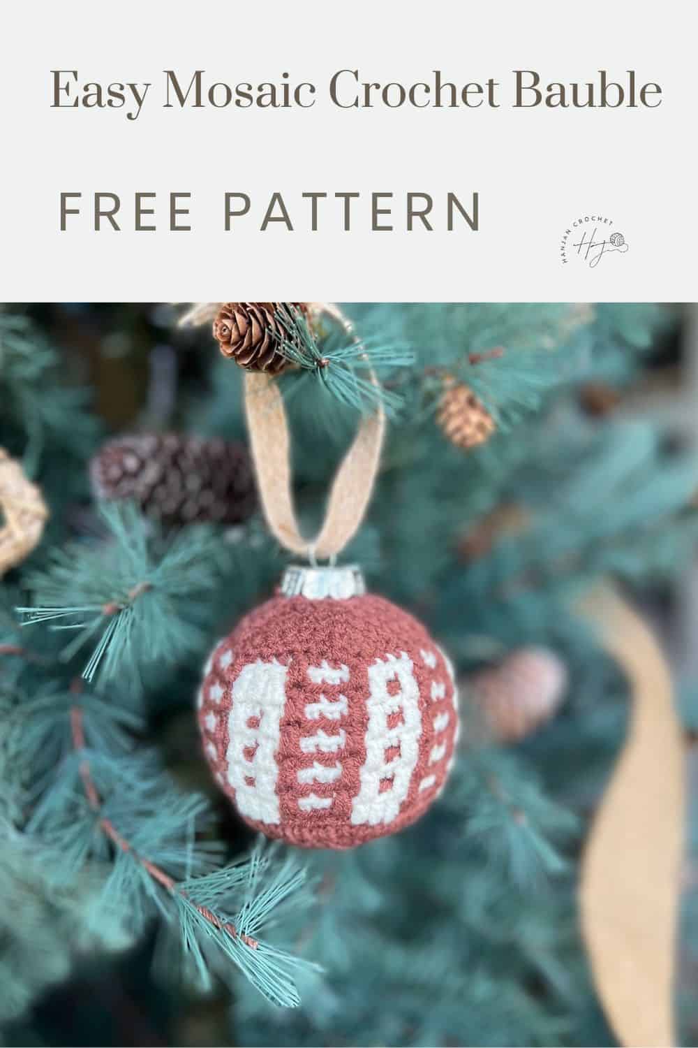 Image of a Christmas tree with a hanging crocheted bauble. The bauble has a mosaic pattern in red and white colors. Text above the image says, "Easy Mosaic Crochet Decoration, Free Pattern.