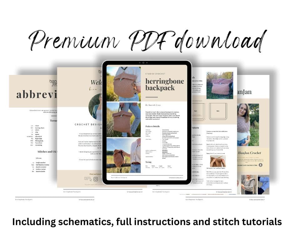 An image of a digital PDF download advertisement featuring a crochet backpack pattern with a unique herringbone design. The PDF includes schematics, full instructions, and stitch tutorials.