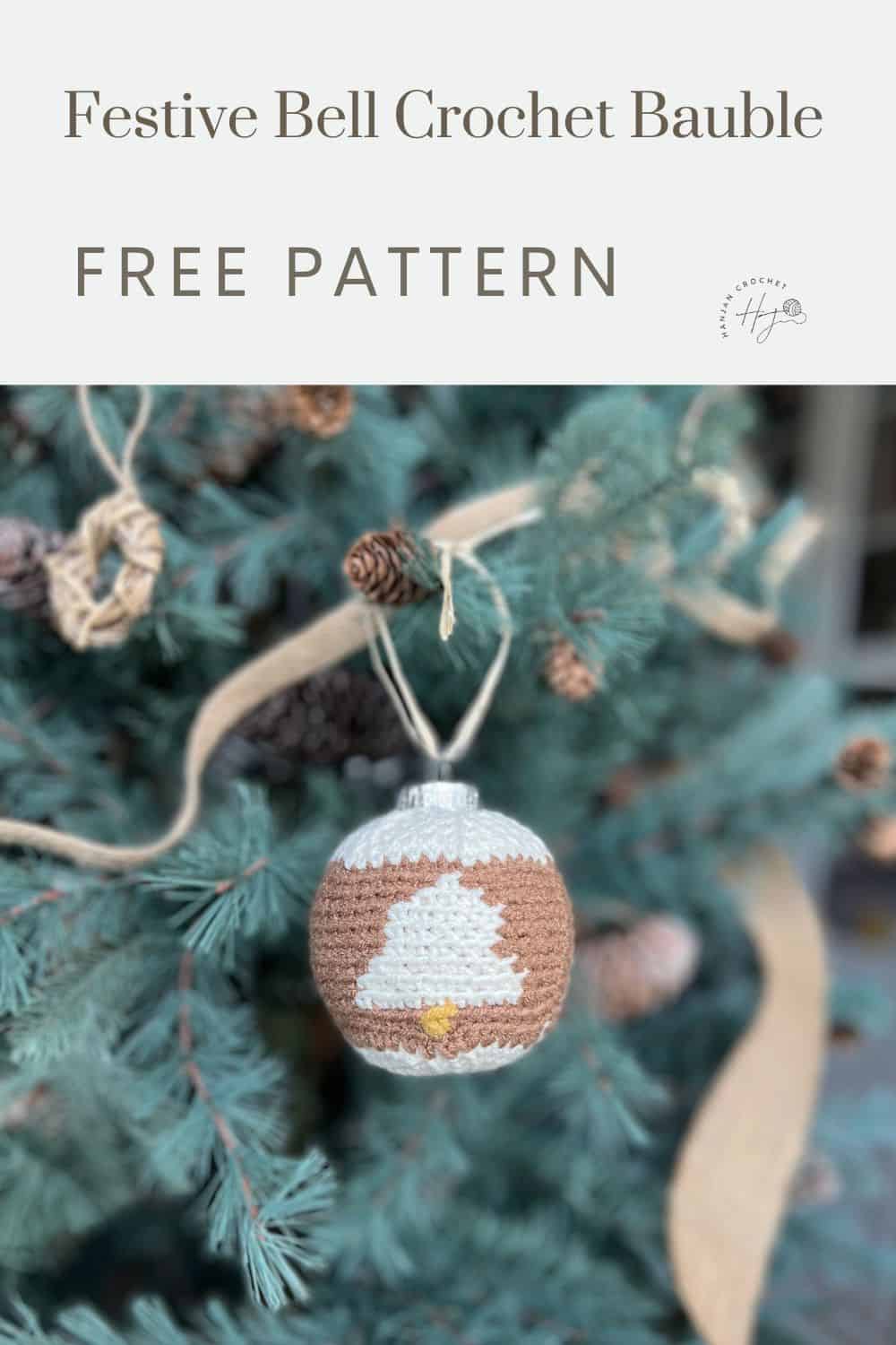 A crocheted Christmas bauble with a bell design hangs on a Christmas tree. Text above reads, "Festive Bell Crochet Bauble PATTERN".