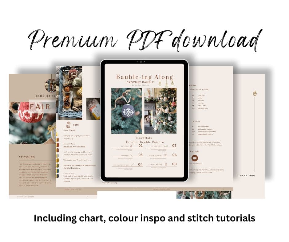 Image of a premium PDF download for crocheting holiday ornaments, featuring pages with patterns, charts, color inspirations, and stitch tutorials displayed around a central tablet screen.