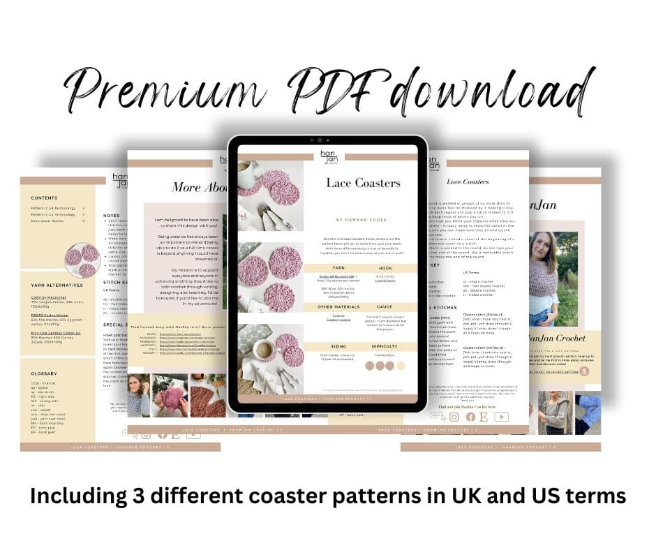 Download this digital mockup of a premium PDF featuring three crochet coaster patterns in both UK and US terms. Plus, discover a bonus free crochet coaster pattern to elevate your craft collection.