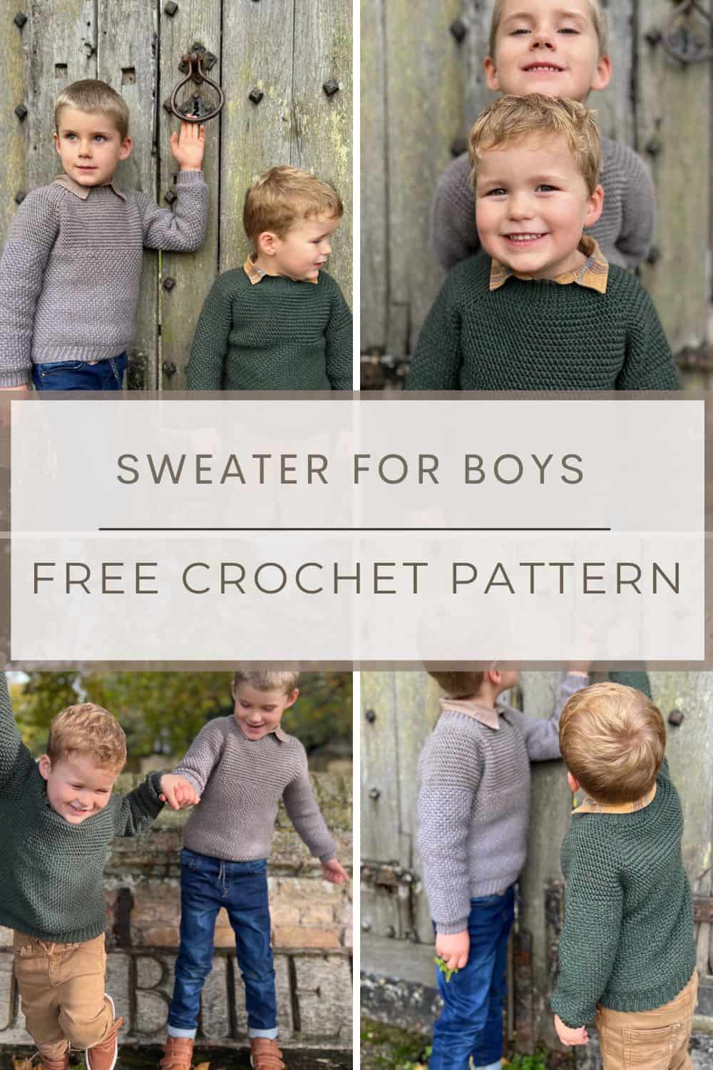 Two young boys in crocheted sweaters pose and play outdoors, featuring a text overlay: "Crochet Sweater Pattern for Boys, Free Crochet Pattern.