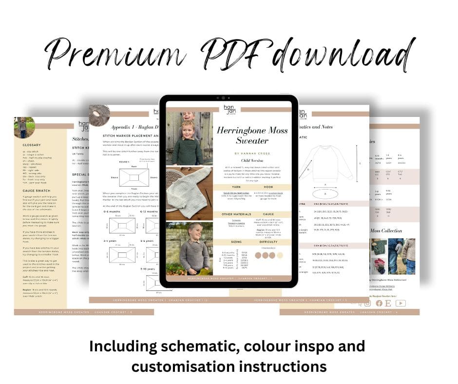 Discover the perfect PDF download for a "Herringbone Moss Sweater" crochet pattern. This guide includes schematic details, color inspiration, and customization instructions. Featuring charming images of a child in the sweater, it's ideal for those exploring crochet sweater patterns for boys.