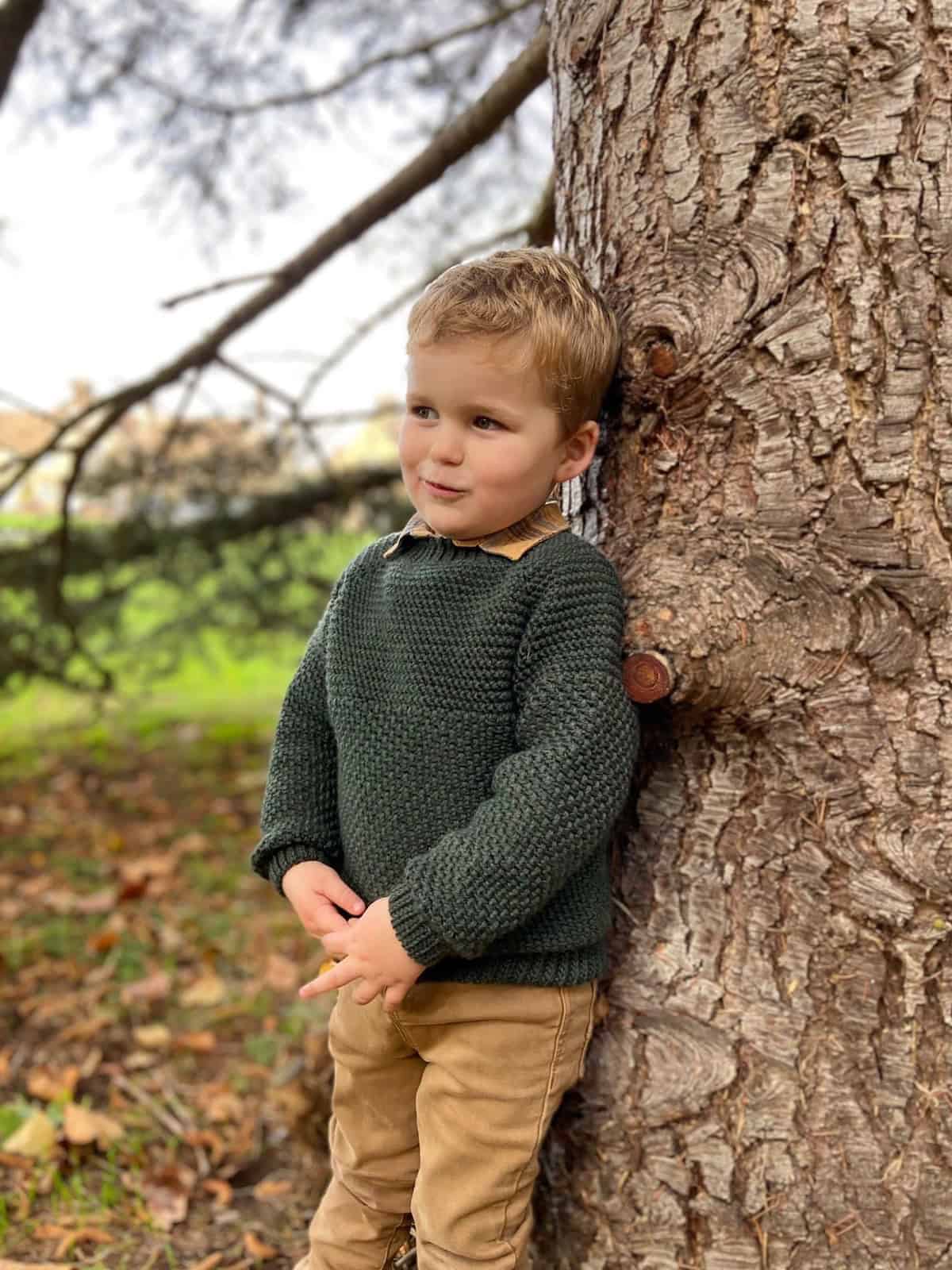 A young child in a crochet sweater pattern for boys, featuring a cozy green hue, and paired with brown pants, stands leaning against a large tree trunk outdoors, surrounded by grass and fallen leaves.