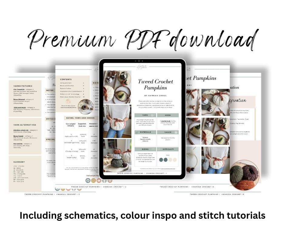 Promotional image showcasing a premium PDF download for crocheting pumpkins, featuring an iPad displaying crochet pumpkins pattern and instructions, along with additional printed pages. Text reads: "Including schematics, colour inspo and stitch tutorials.