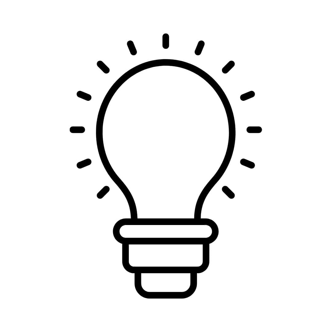 Outlined icon of a lightbulb with rays emanating from it, symbolizing an idea or illumination.