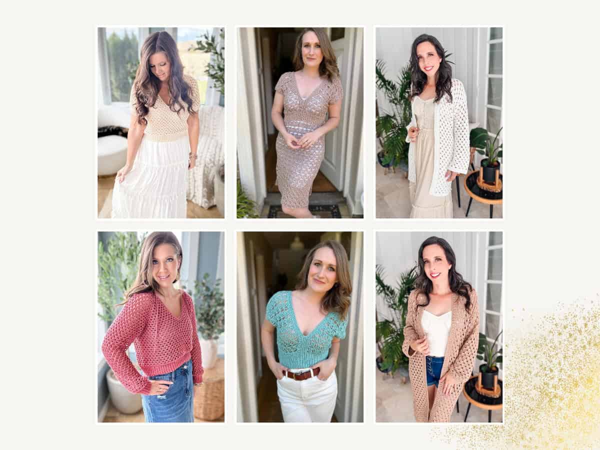 A collage of six women wearing crochet tops and dresses in various settings. The outfits range from casual tops to elegant dresses, showcasing different crochet patterns and colors.