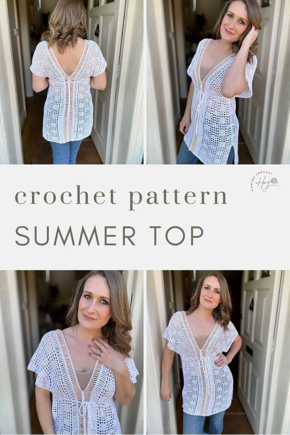 A woman models a white crochet bikini summer top with a low V-neck and short sleeves in various angles. The overlay text reads, "crochet pattern SUMMER TOP".