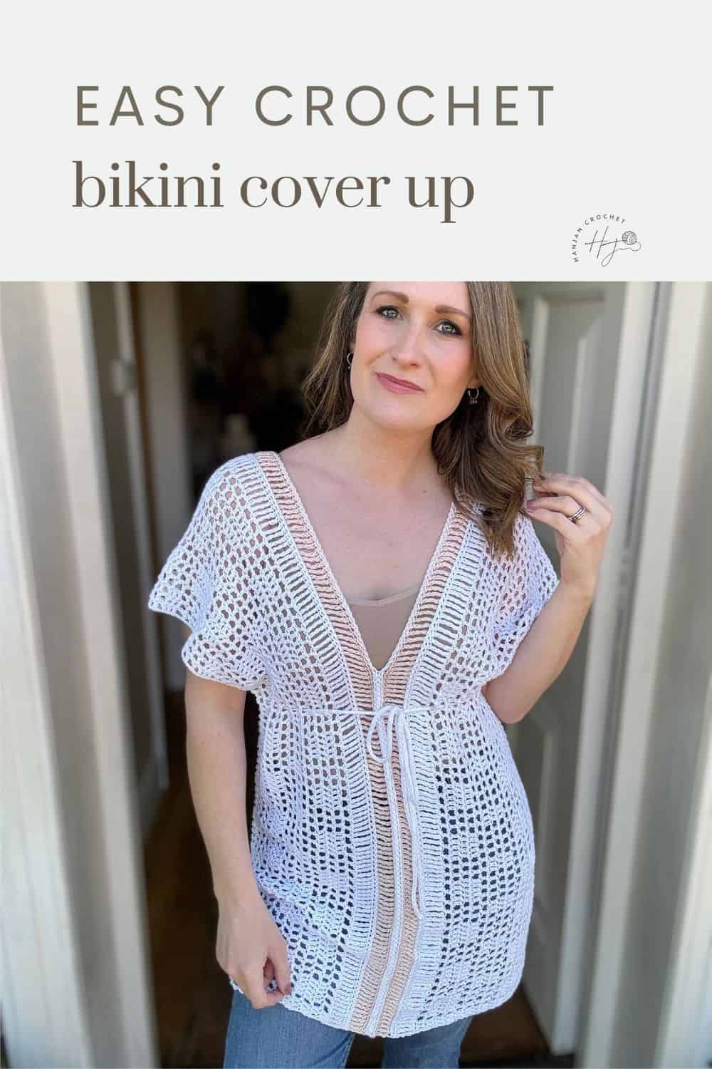 A woman wearing a white crochet bikini cover-up stands indoors near a door. The text above her reads "Easy Crochet bikini cover up pattern.