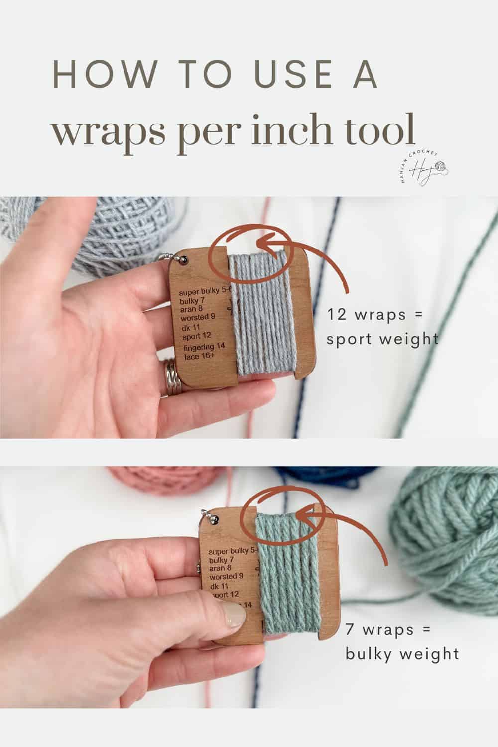 Two images demonstrate using a wraps per inch tool for yarn. The top image shows 12 wraps labeled as sport weight, while the bottom image displays 7 wraps identified as bulky weight. This visual effectively complements any yarn weight chart for quick reference.