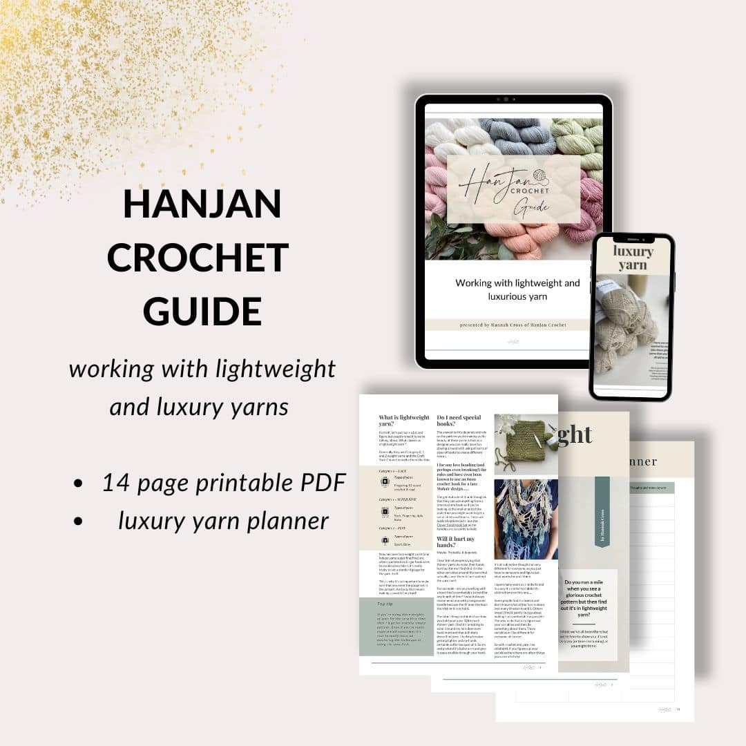 Image depicting the "Hanjan Crochet Guide," a 14-page printable PDF on working with lightweight and luxury yarns. Displayed on a tablet, phone, and several printed pages with a luxury yarn planner.