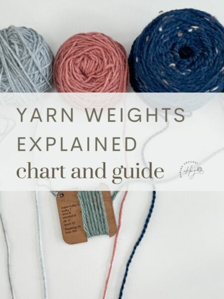 Five balls of yarn in different colors and thicknesses are displayed above the text "Yarn Weights Explained: Chart and Guide". Four samples of yarn run through a tag showing various thicknesses, perfectly illustrating the yarn weight chart.