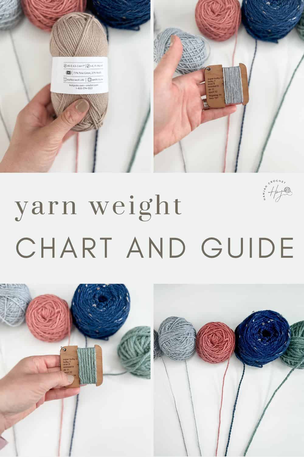 Collage showing different yarn weights. Top left: hand holding beige yarn. Top right: hand holding gray yarn sample with yarn balls in background. Bottom left: hand holding green yarn sample. Bottom right: various yarn balls. Text: "Comprehensive Yarn Weight Chart Guide.