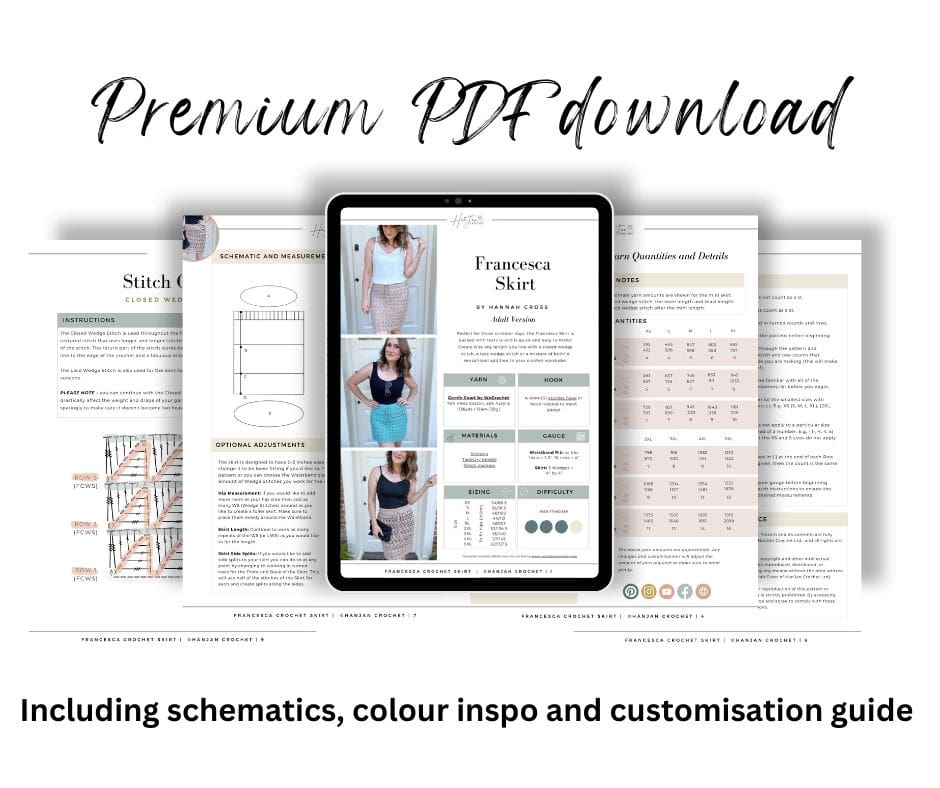 Image of an iPad displaying a crochet skirt pattern PDF named "Francesca Skirt," surrounded by pages featuring schematics, color inspiration, and a customization guide. Text reads: "Premium PDF download.