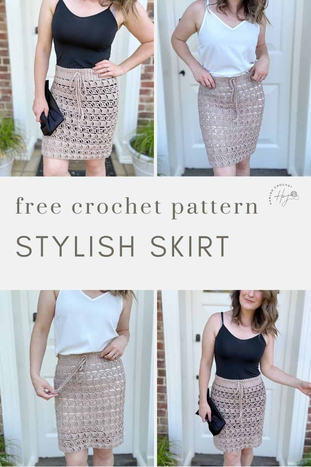 Four pictures showcasing a crocheted skirt worn with different tops. The text reads "free crochet skirt pattern, stylish skirt.