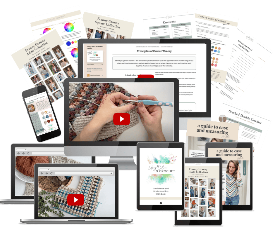 A collage of crochet learning materials including online video tutorials on monitors and various printed guides, patterns, and booklets showing different crochet techniques and designs.