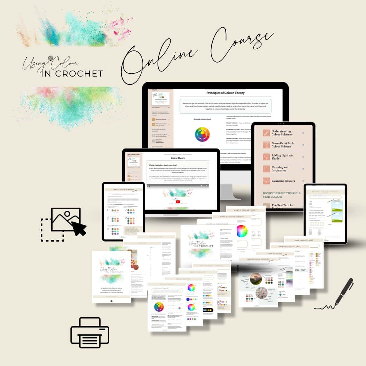 A display showing various screens (computer, tablet, and smartphone) and printed materials depicting an online crochet course with lessons and principles of color theory.