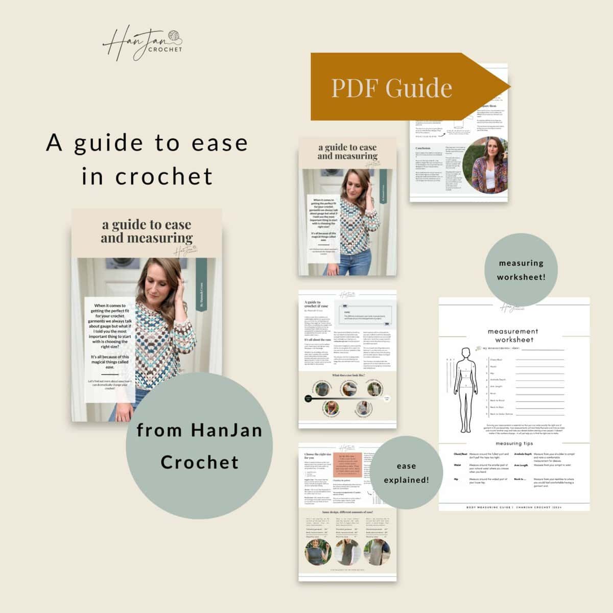 A promotional image for "A Guide to Ease in Crochet" by HanJan Crochet, featuring various pages of the PDF guide including explanations, worksheets, and visuals.