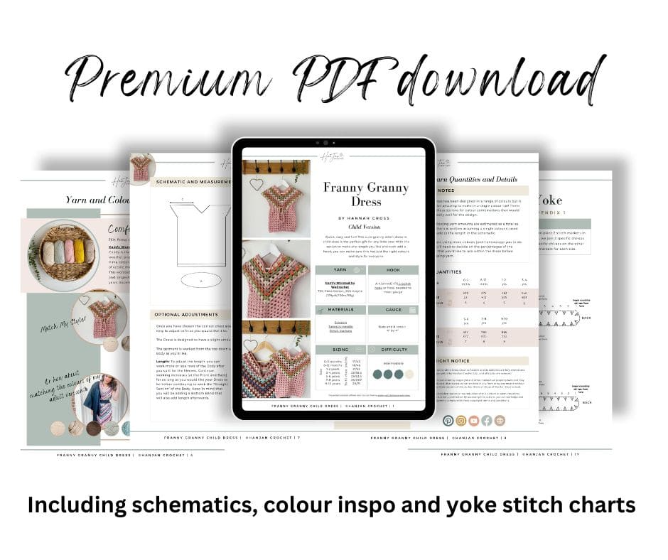 Preview of a premium PDF download for the Franny Granny Dress, featuring crochet dress pattern for baby, schematics, color inspiration, and yoke stitch charts. An iPad displays the document with yarn and color details.