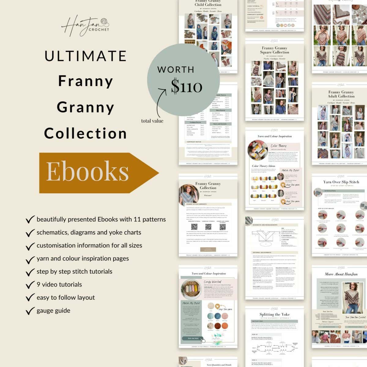 Image depicting a promotional graphic for the "Ultimate Franny Granny Collection" Ebooks, showcasing multiple pages and features such as patterns, tutorials, and guides, with a highlighted $110 total value.