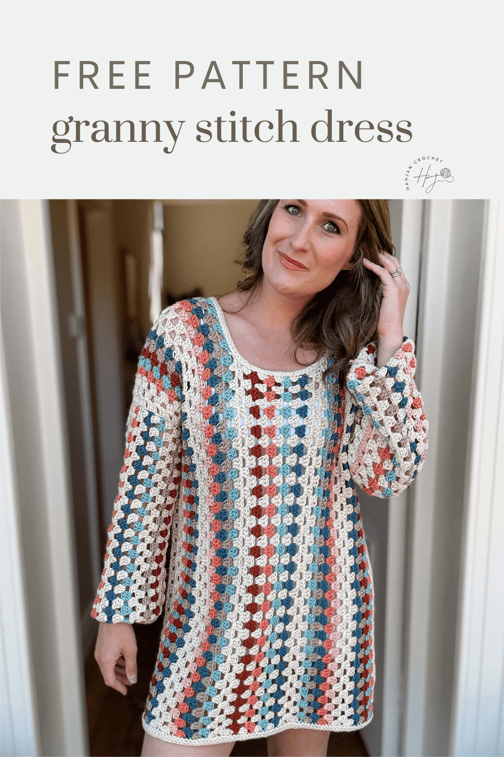 A person wearing a multicolored, long-sleeved granny stitch dress stands indoors with "Free Pattern: granny stitch dress" text above them.