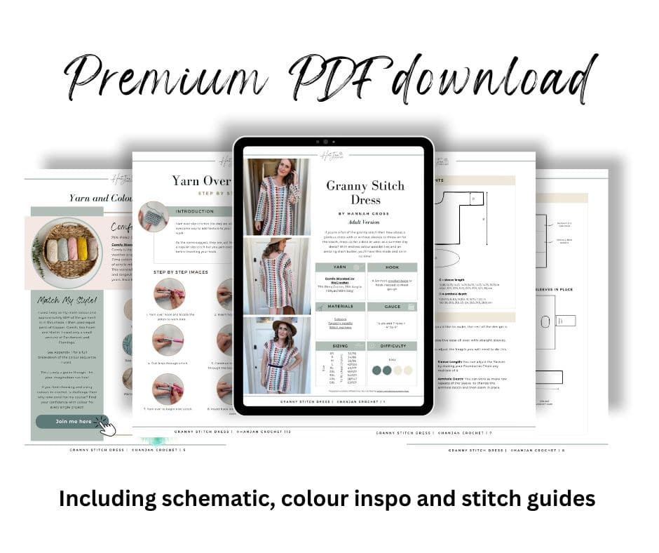 Image of a promotional graphic for a premium PDF download featuring crochet patterns. Includes images of yarn, a dress, step-by-step instructions, and a tablet displaying various customization options.