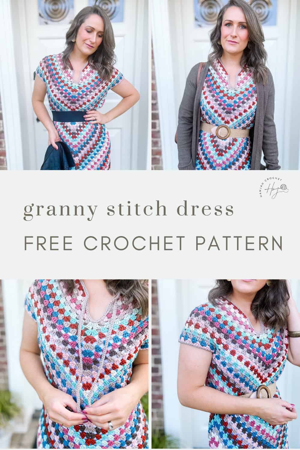 A woman models a crocheted granny stitch dress in various styles. Text reads "granny stitch dress free summer crochet pattern.