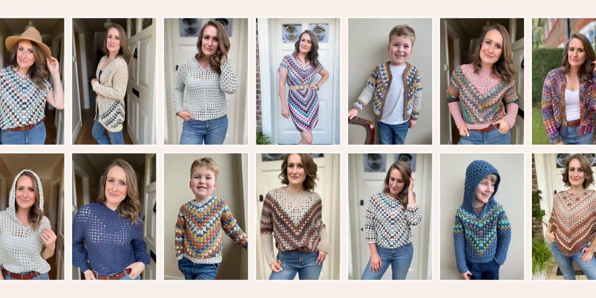 A collage of individuals showcasing various colorful crochet outfits, including sweaters, cardigans, and a dress. One child and several adults are depicted wearing these handmade garments.