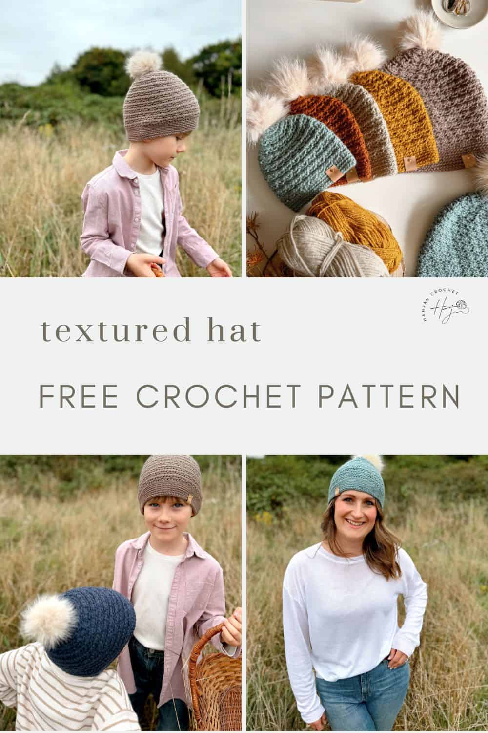 Collage showing crocheted hats with pom-poms, yarn, and people wearing the hats outdoors. Text reads "textured hat FREE CROCHET PATTERN." Perfect for creating a boys crochet hat pattern.