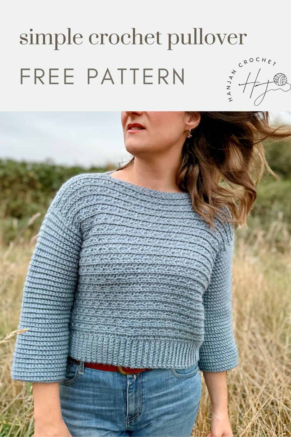 A woman stands outdoors wearing a light blue crochet pullover. Text at the top reads "simple v neck crochet sweater pattern FREE PATTERN" with a logo that includes "HanJan Crochet.