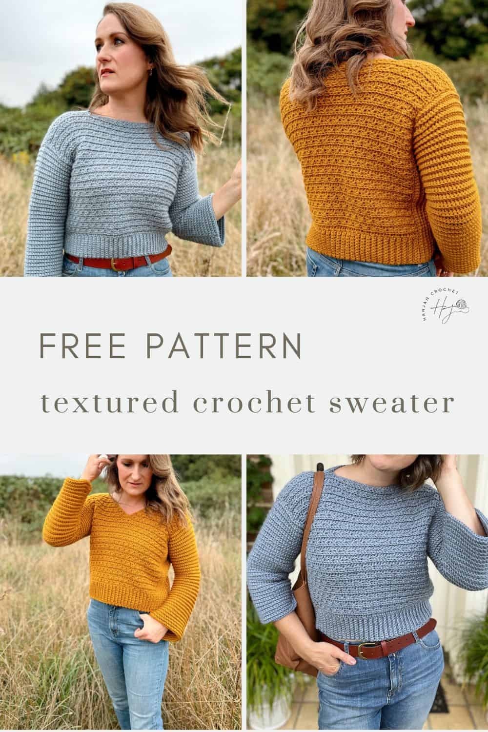 Two women are each modeling a gray and an orange textured crochet sweater in an outdoor setting. The text on the image reads: "FREE PATTERN - textured v neck crochet sweater.