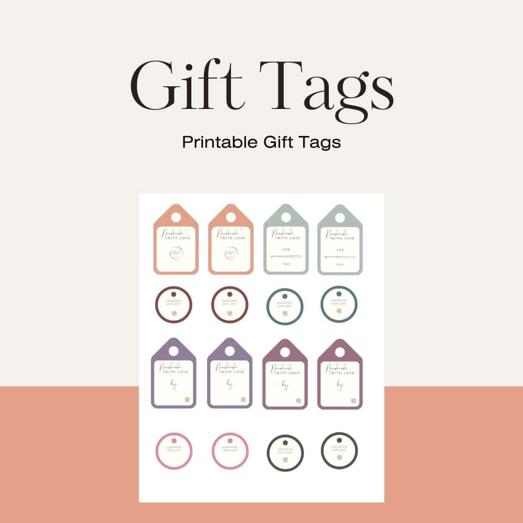 A collection of printable gift tags in various colors and shapes, displayed on a plain background.