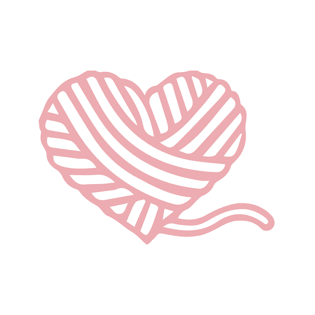 Heart-shaped ball of yarn in a pink outline.